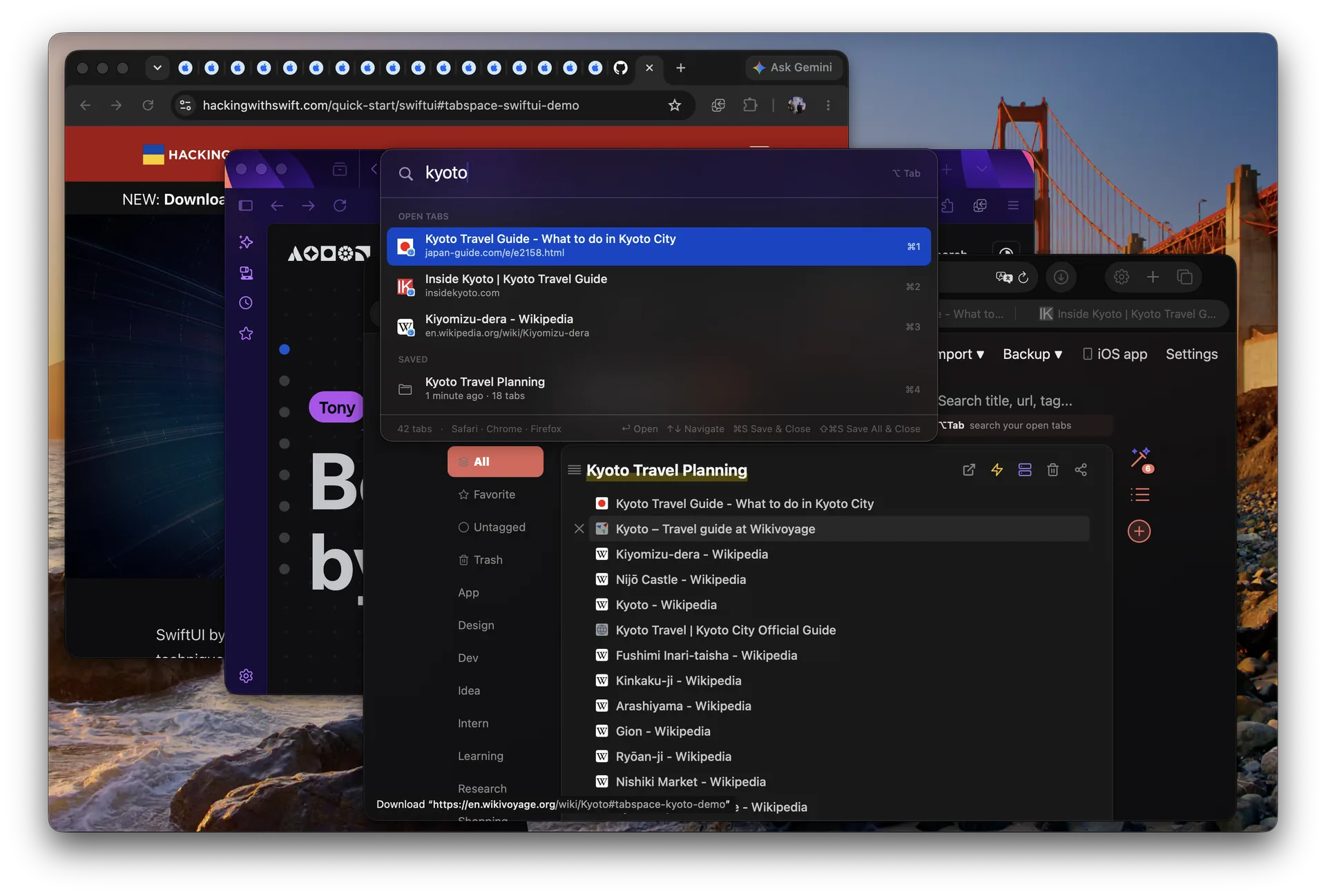 Tab Space searching a Kyoto session across Safari, Chrome, and Firefox on one Mac desktop